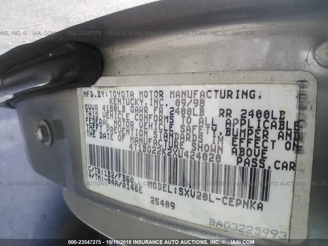 4T1BG22K2XU424020 - 1999 TOYOTA CAMRY CE/LE/XLE 金色 照片 9