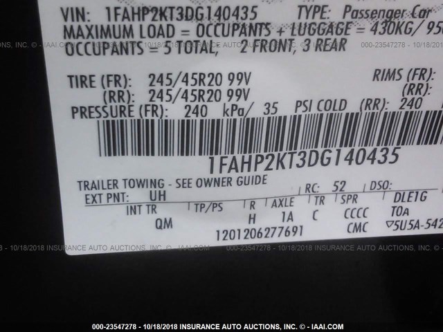 1FAHP2KT3DG140435 - 2013 FORD TAURUS SHO BLACK photo 9