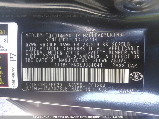 4T1BF1FKXEU384841 - 2014 TOYOTA CAMRY L/SE/LE/XLE Mavi foto 9