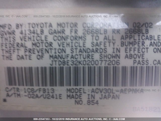JTDBE32K020077206 - 2002 TOYOTA CAMRY LE/XLE/SE WHITE photo 9
