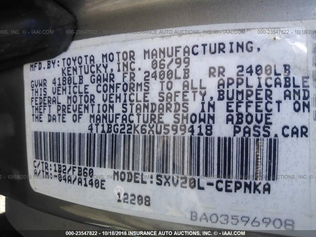 4T1BG22K6XU599418 - 1999 TOYOTA CAMRY CE/LE/XLE 棕色 照片 9