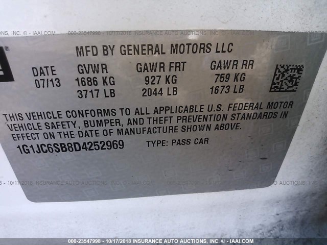 1G1JC6SB8D4252969 - 2013 CHEVROLET SONIC LT 白色 照片 9