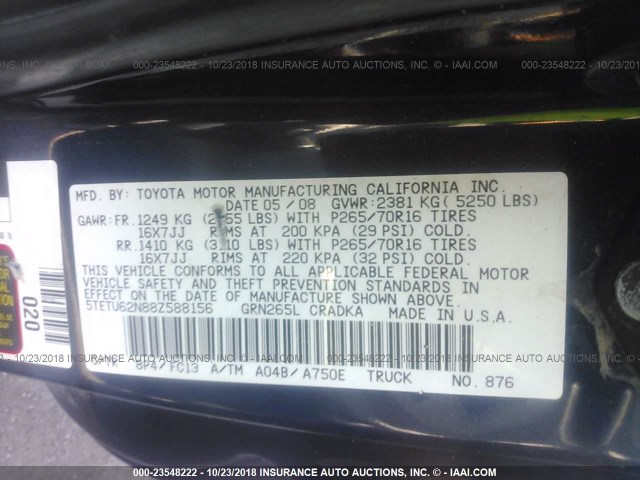 5TETU62N88Z588156 - 2008 TOYOTA TACOMA PRERUNNER ACCESS CAB BLUE photo 9
