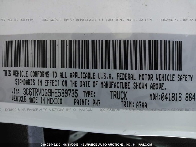 3C6TRVDG9HE539735 - 2017 RAM PROMASTER 2500 2500 HIGH WHITE photo 9