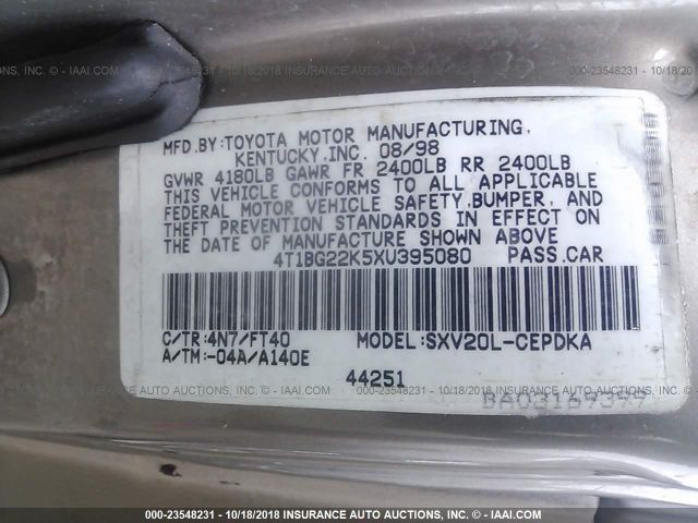 4T1BG22K5XU395080 - 1999 TOYOTA CAMRY CE/LE/XLE თაფლისფერი ფოტო 9