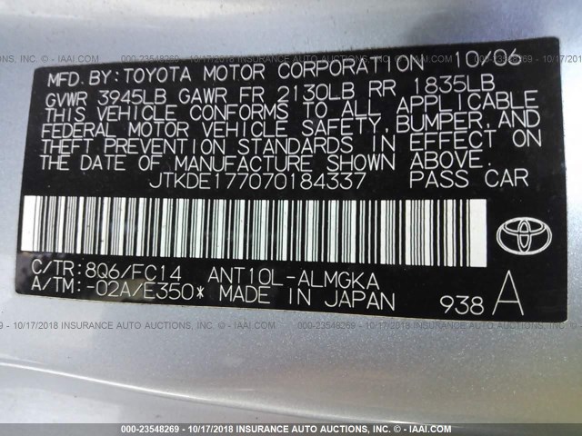 JTKDE177070184337 - 2007 TOYOTA SCION TC 浅蓝色 照片 9