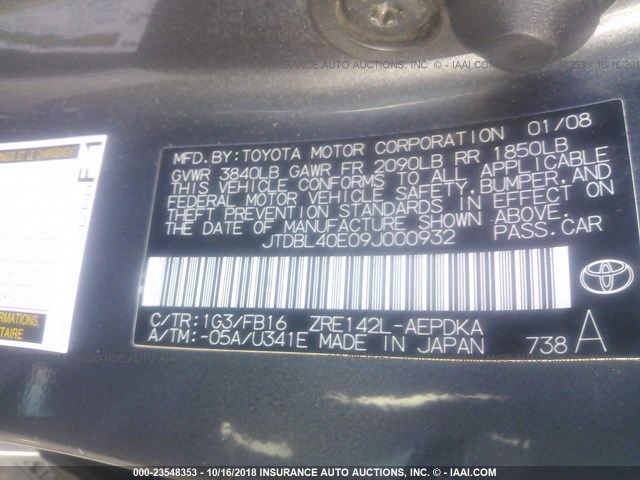 JTDBL40E09J000932 - 2009 TOYOTA COROLLA LE/XLE GRAY photo 9