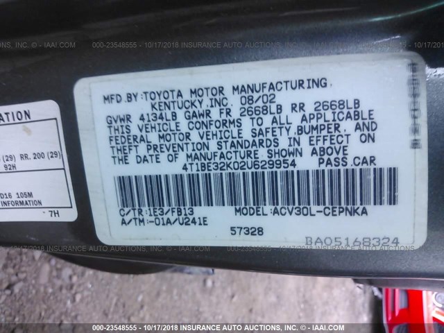 4T1BE32K02U629954 - 2002 TOYOTA CAMRY LE/XLE/SE GRAY photo 9