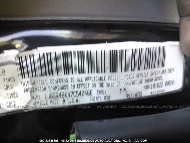 1J8GR48K47C540468 - 2007 JEEP GRAND CHEROKEE LAREDO/COLUMBIA/FREEDOM 黑色 照片 9