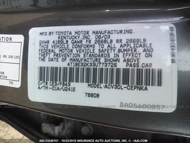 4T1BE32K33U773726 - 2003 TOYOTA CAMRY LE/XLE/SE BROWN photo 9