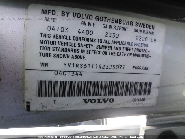 YV1RS61T142325077 - 2004 VOLVO S60 SILVER photo 9