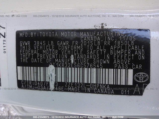 2T1KR32E56C576545 - 2006 TOYOTA COROLLA MATRIX XR WHITE photo 9