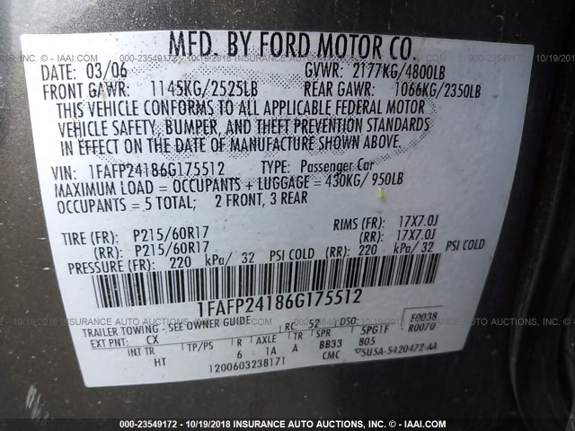 1FAFP24186G175512 - 2006 FORD FIVE HUNDRED SEL GRAY photo 9