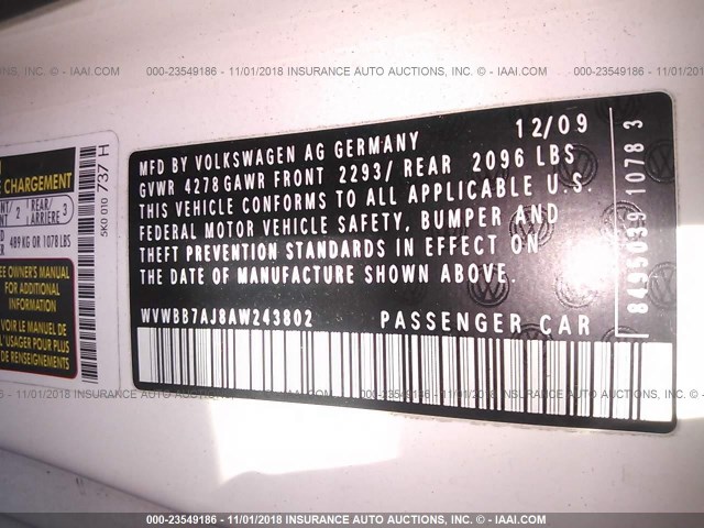 WVWBB7AJ8AW243802 - 2010 VOLKSWAGEN GOLF WHITE photo 9