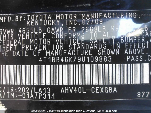 4T1BB46K79U109883 - 2009 TOYOTA CAMRY HYBRID BLACK photo 9