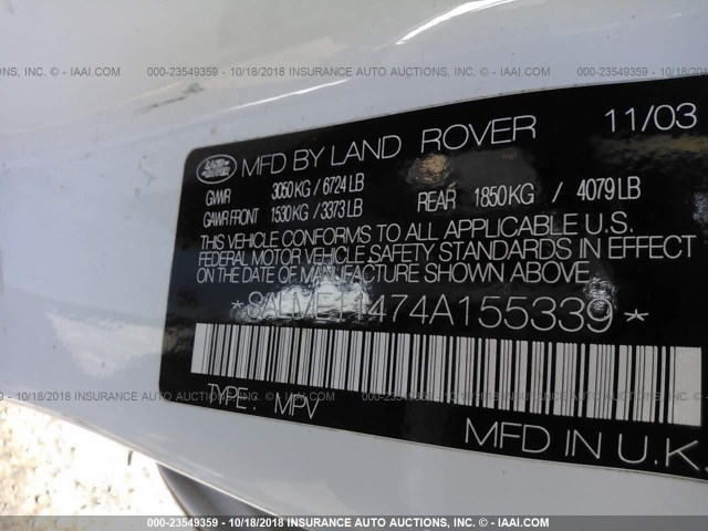 SALME11474A155339 - 2004 LAND ROVER RANGE ROVER HSE WHITE photo 9