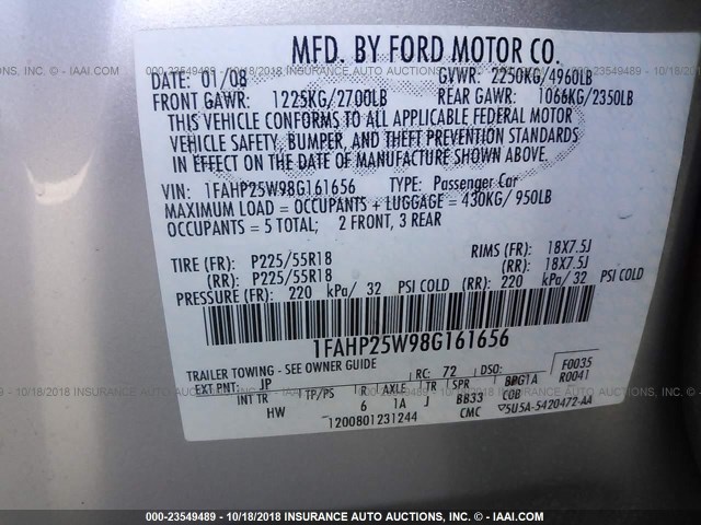 1FAHP25W98G161656 - 2008 FORD TAURUS LIMITED SILVER photo 9