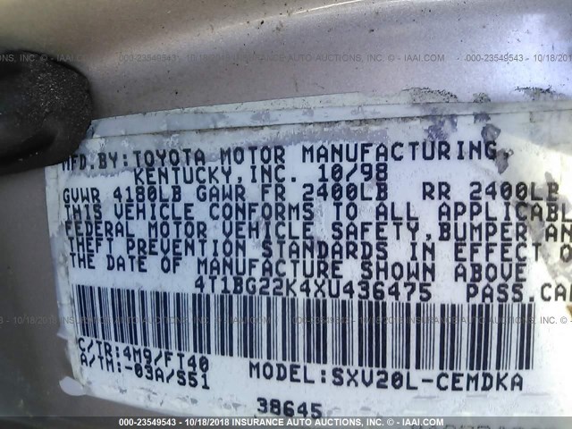4T1BG22K4XU436475 - 1999 TOYOTA CAMRY CE/LE/XLE 银色 照片 9