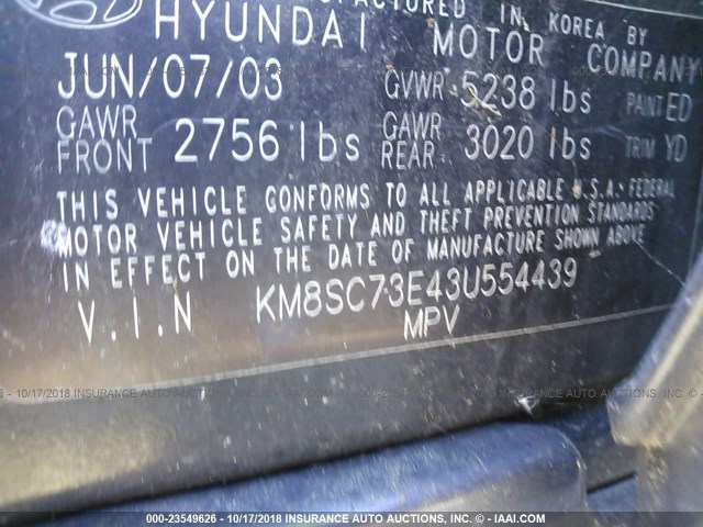 KM8SC73E43U554439 - 2003 HYUNDAI SANTA FE GLS/LX BLACK photo 9