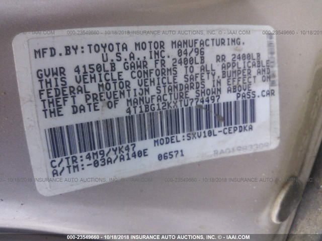 4T1BG12KXTU774497 - 1996 TOYOTA CAMRY DX/LE/XLE GOLD photo 9