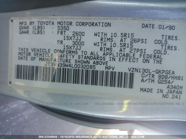 JT3VN39W4L0032085 - 1990 TOYOTA 4RUNNER VN39 SR5 银色 照片 9