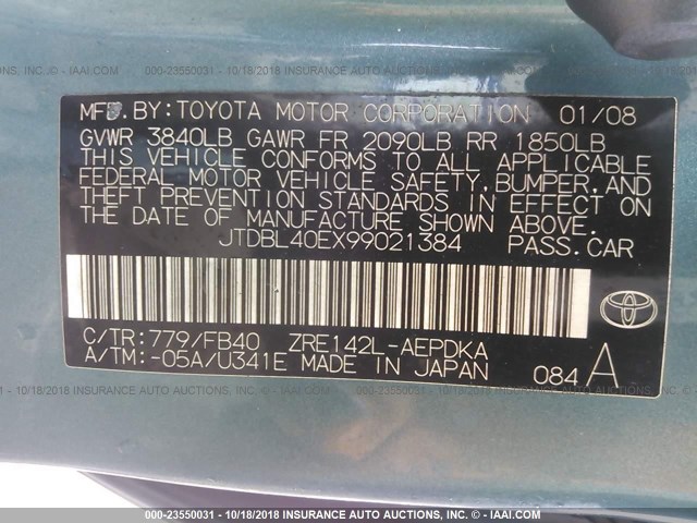 JTDBL40EX99021384 - 2009 TOYOTA COROLLA LE/XLE GREEN photo 9