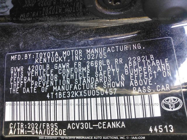 4T1BE32KX5U050457 - 2005 TOYOTA CAMRY LE/XLE/SE BLACK photo 9