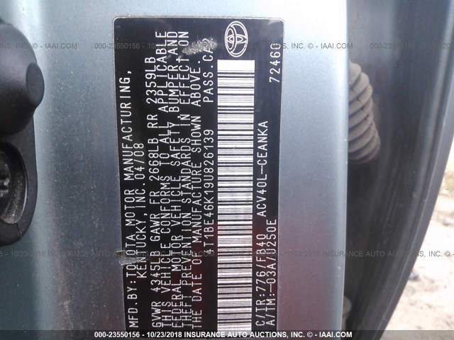 4T1BE46K19U826139 - 2009 TOYOTA CAMRY SE/LE/XLE 绿色 照片 9