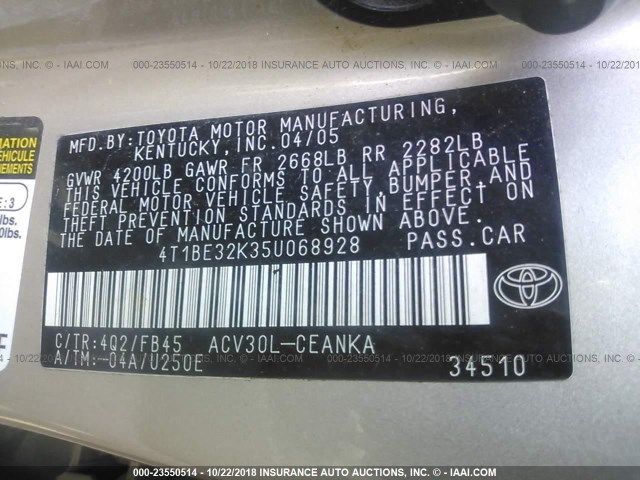 4T1BE32K35U068928 - 2005 TOYOTA CAMRY LE/XLE/SE GOLD photo 9