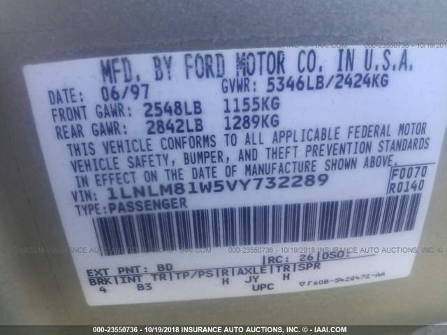 1LNLM81W5VY732289 - 1997 LINCOLN TOWN CAR EXECUTIVE Шампань фото 9