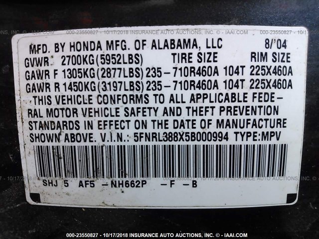 5FNRL388X5B000994 - 2005 HONDA ODYSSEY TOURING GRAY photo 9