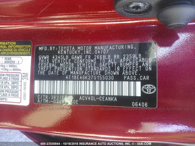 4T1BE46K27U155030 - 2007 TOYOTA CAMRY NEW GENERAT CE/LE/XLE/SE RED photo 9