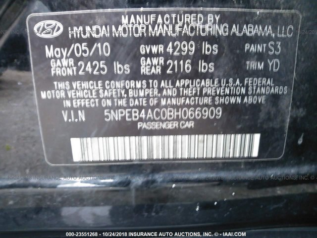 5NPEB4AC0BH066909 - 2011 HYUNDAI SONATA GLS BLACK photo 9