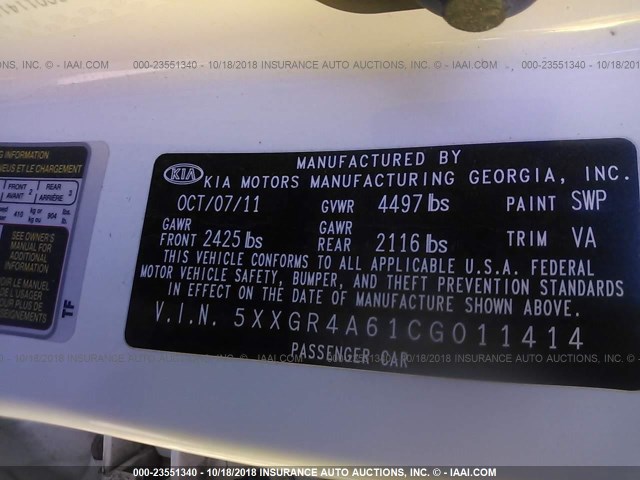 5XXGR4A61CG011414 - 2012 KIA OPTIMA SX WHITE photo 9