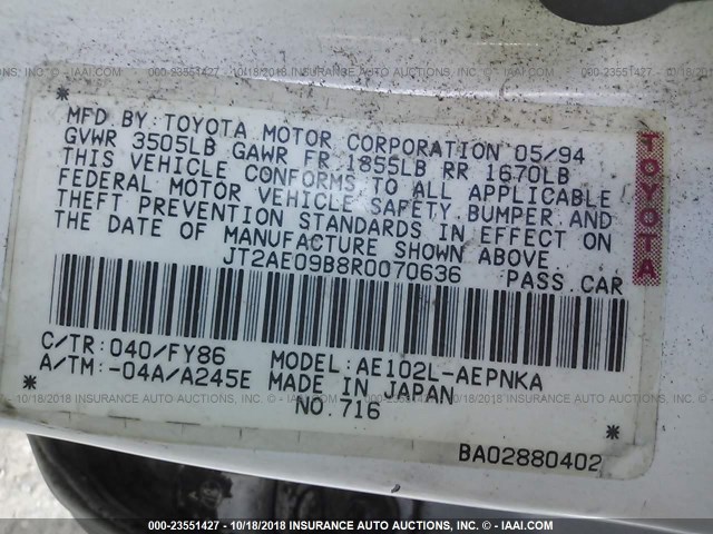 JT2AE09B8R0070636 - 1994 TOYOTA COROLLA LE/DX 白色 照片 9