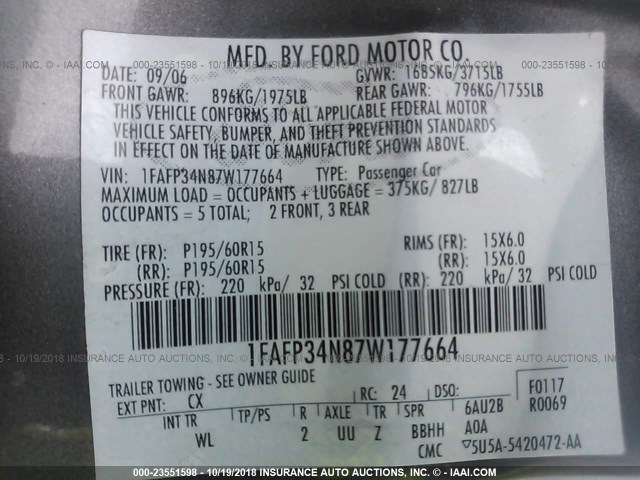 1FAFP34N87W177664 - 2007 FORD FOCUS ZX4/S/SE/SES ნაცრისფერი ფოტო 9