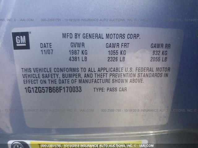 1G1ZG57B68F170033 - 2008 CHEVROLET MALIBU LS ნაცრისფერი ფოტო 9