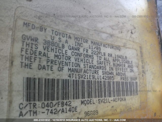 4T1SV21E9LU142985 - 1990 TOYOTA CAMRY DLX 白色 照片 9