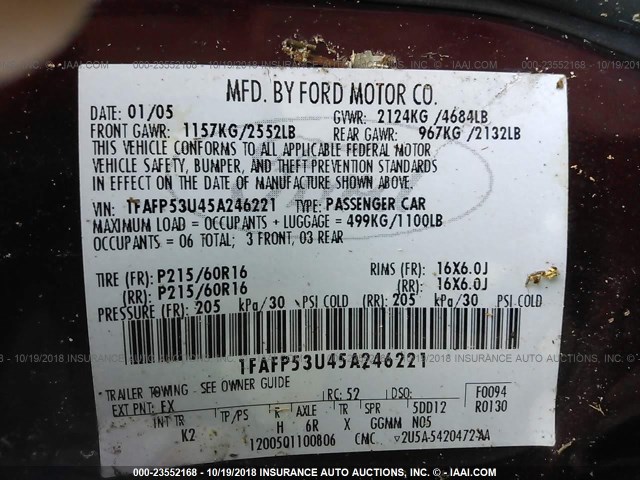 1FAFP53U45A246221 - 2005 FORD TAURUS SE MAROON photo 9