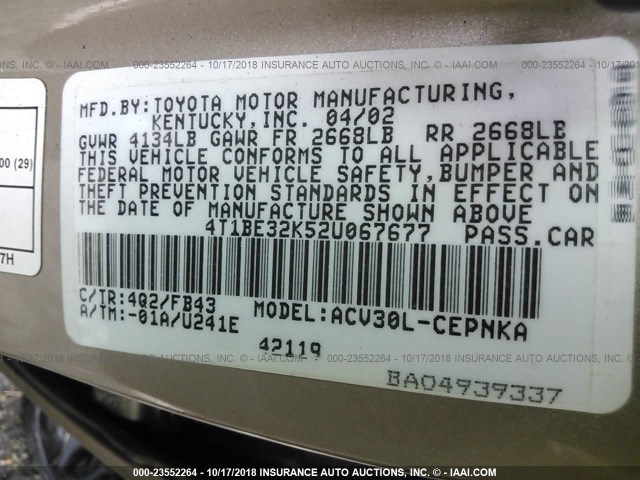 4T1BE32K52U067677 - 2002 TOYOTA CAMRY LE/XLE/SE GOLD photo 9