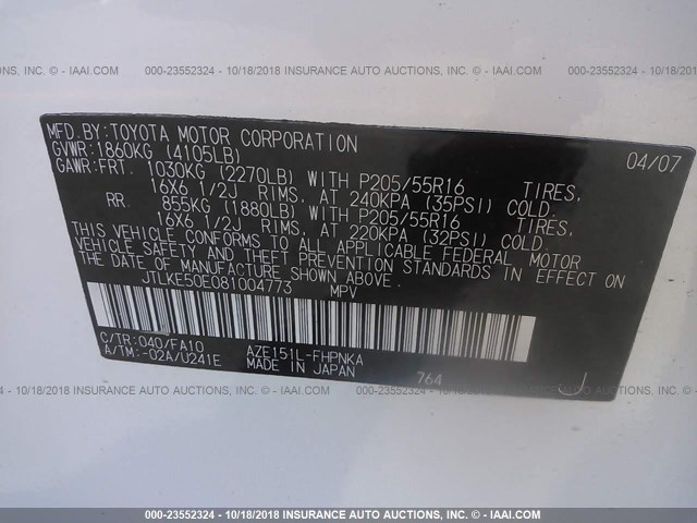 JTLKE50E081004773 - 2008 TOYOTA SCION XB Ақ фото 9