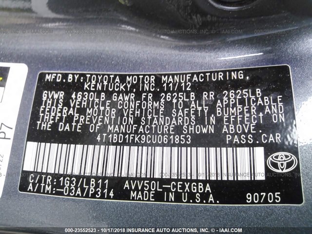 4T1BD1FK9CU061853 - 2012 TOYOTA CAMRY HYBRID/LE/XLE 灰色 照片 9