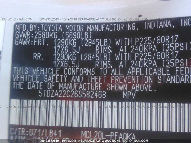 5TDZA22C26S582468 - 2006 TOYOTA SIENNA WHITE photo 9