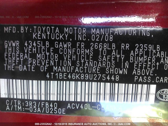 4T1BE46K89U275448 - 2009 TOYOTA CAMRY SE/LE/XLE RED photo 9