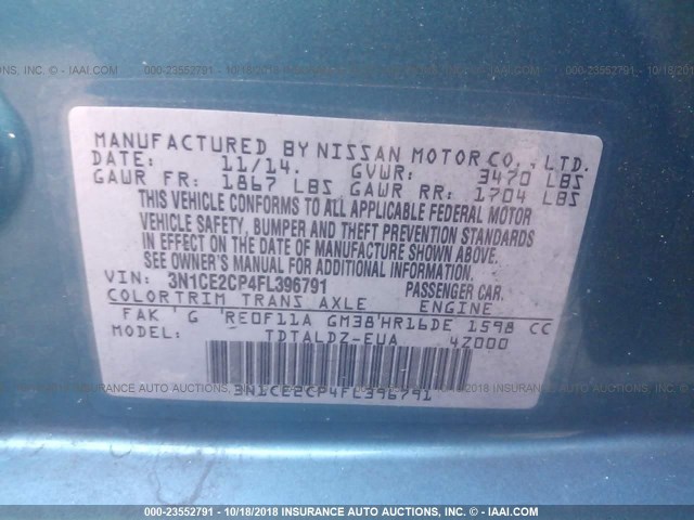 3N1CE2CP4FL396791 - 2015 NISSAN VERSA NOTE S/S PLUS/SV/SL/SR BLUE photo 9