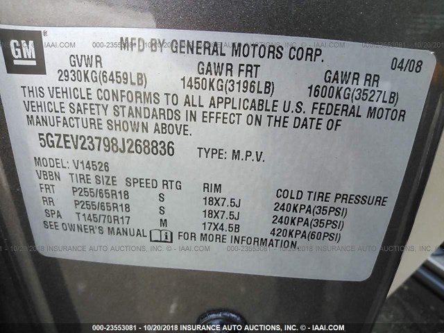 5GZEV23798J268836 - 2008 SATURN OUTLOOK XR TAN photo 9