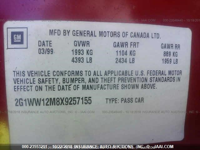 2G1WW12M8X9257155 - 1999 CHEVROLET MONTE CARLO LS RED photo 9