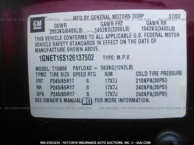 1GNET16S126137502 - 2002 CHEVROLET TRAILBLAZER EXT RED photo 9