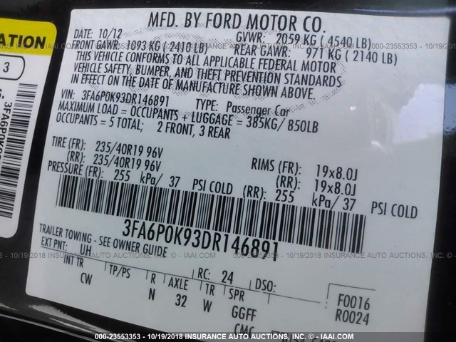 3FA6P0K93DR146891 - 2013 FORD FUSION TITANIUM BLACK photo 9