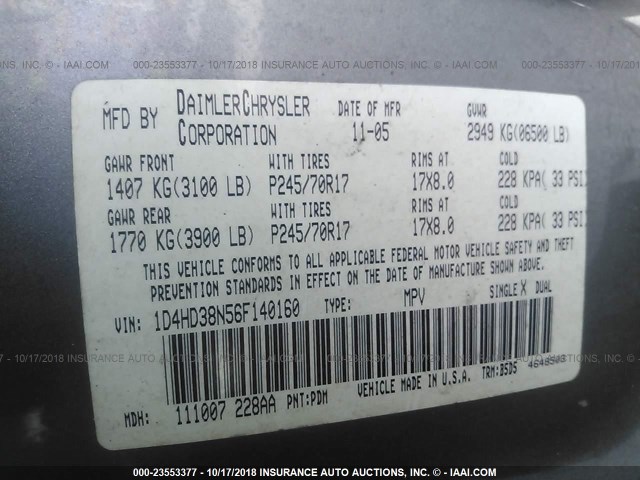 1D4HD38N56F140160 - 2006 DODGE DURANGO SXT GRAY photo 9